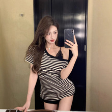黑白条纹斜肩短袖T恤女夏季修身内搭设计感辣妹别致独特打底上衣