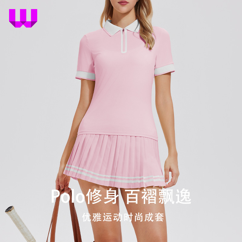 [Tennis Skirt Set] Women's Short-Sleeved Polo Collar Top, Sports Moisture-Wicking Fitness Pleated Skirt, Export Ready Stock