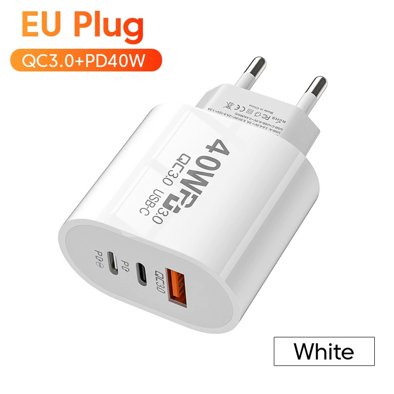 Зарядное устройство 40W PD+QC3.0, двойной PD USB-C, совместимо с Apple 20W, EU/US вилки, для путешествий