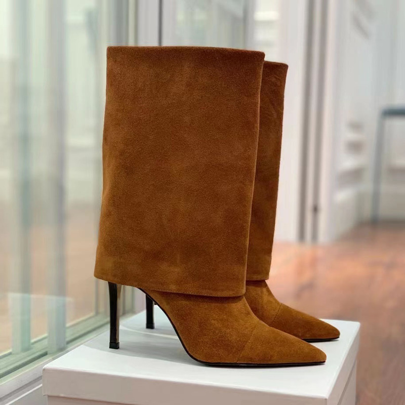 European and American Style Pointed Toe Suede Large Size 47 Stiletto Heel Ankle Boots with Skirt-Like Cuffs, Slimming Short Boots European and American Style Pointed Toe Suede Large Size 47 Stiletto Heel Ankle Boots with Skirt-Like Cuffs, Slimming Short Boots