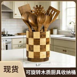 现货木质餐具收纳盒厨房可旋转刀叉筷子筒化妆刷储物盒学生笔筒架