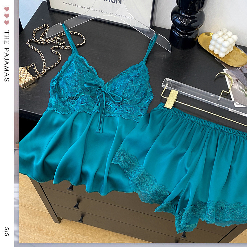 2026 Summer New Style Suspender Shorts Lace Plus Size Pajama Set Pure Desire Sexy Set Lace Backless Nightgown