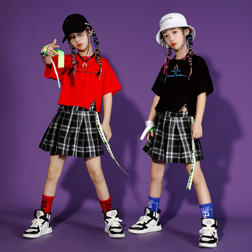 Children's street dance trendy outfit stylish girl crop top hip-hop jazz dance performance set summer girl short sleeve dress fashion
