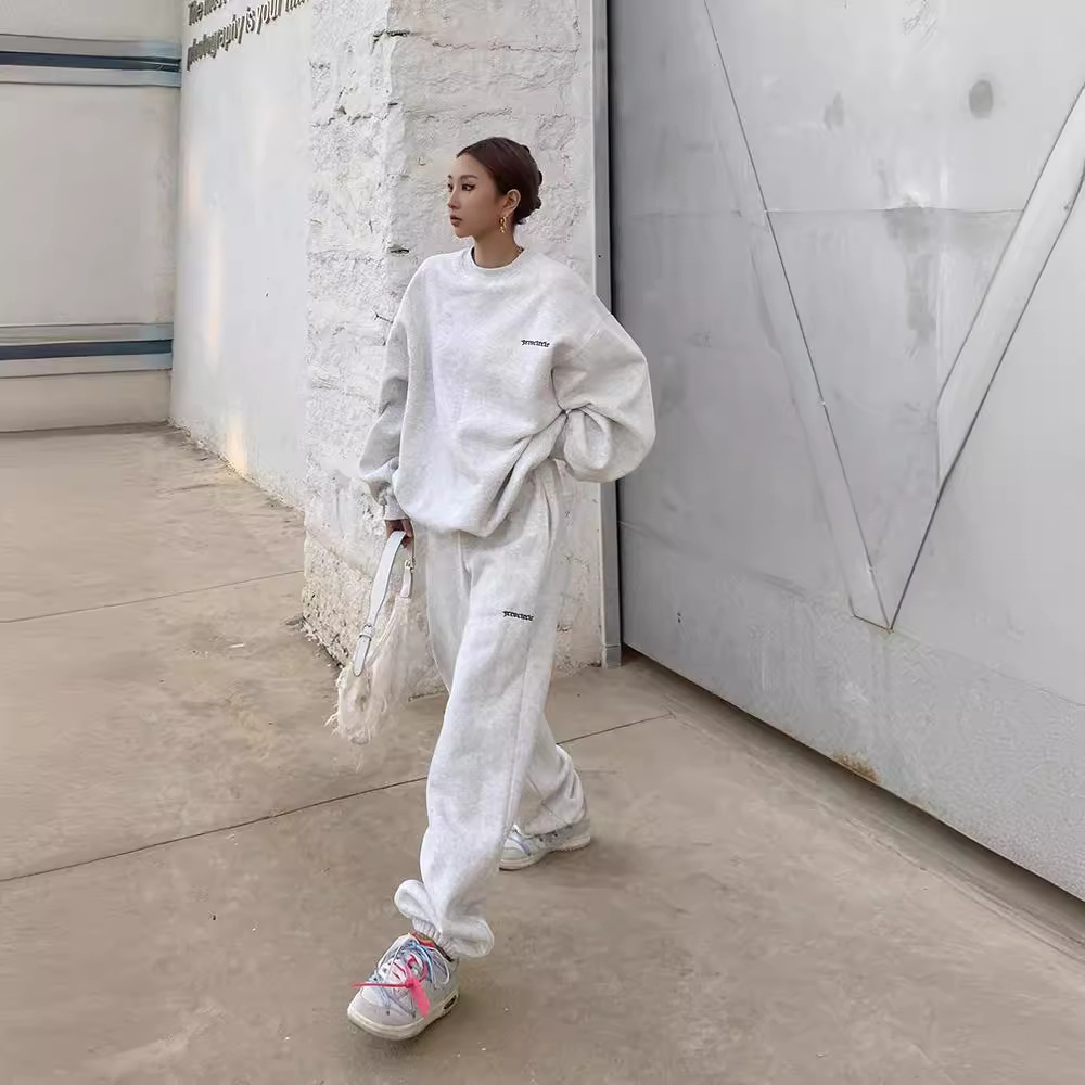 001 American Style Trendy Gray Sweatshirt Set For Women, Spring, Autumn, Winter, Thin Loose Lazy Casual Jogger Pants_voghion.com