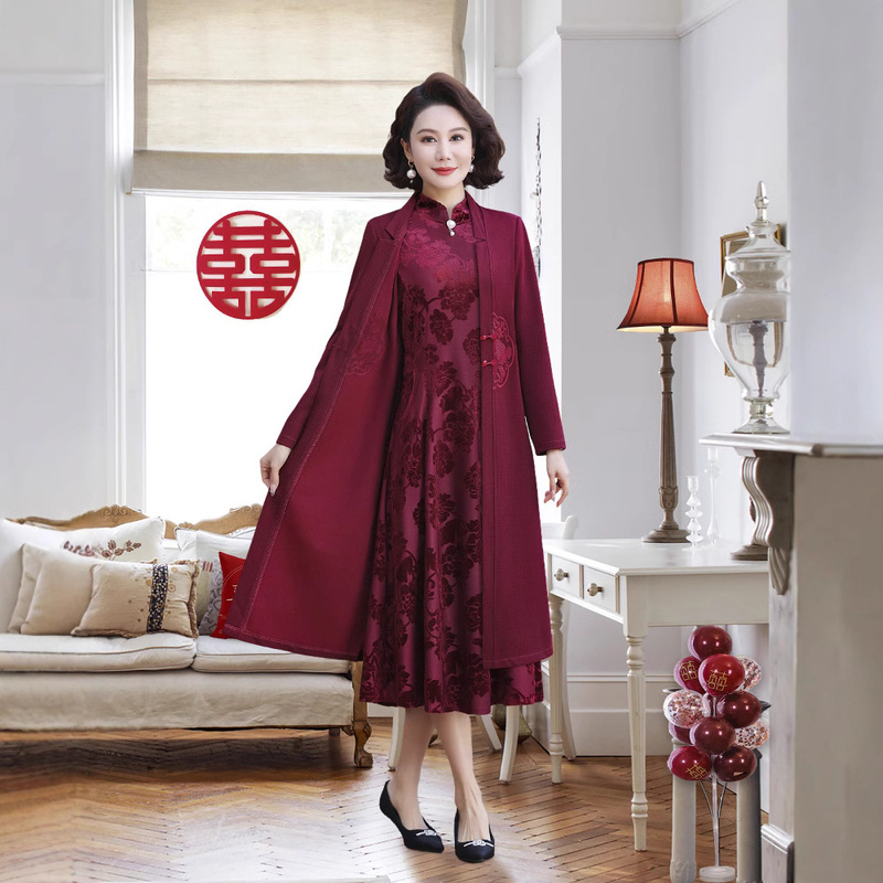 Mother-in-law Wedding Dress Spring and Autumn dress Mid-length Two-piece Set Middle-aged Noble New Chinese Cheongsam Dress for Children