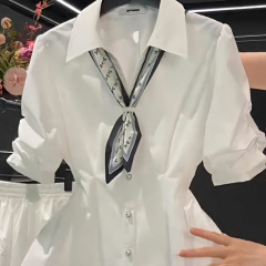 女士衬衫2025年夏季新款大码设计感短袖领系带收腰显瘦系带上衣
