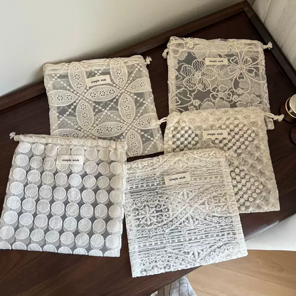 【Su Xi Fabric Bag】French-Style Vintage Artistic Lace Cotton Embroidered Drawstring Small Cloth Bag Single-Layer Thin Drawstring Storage Pouch