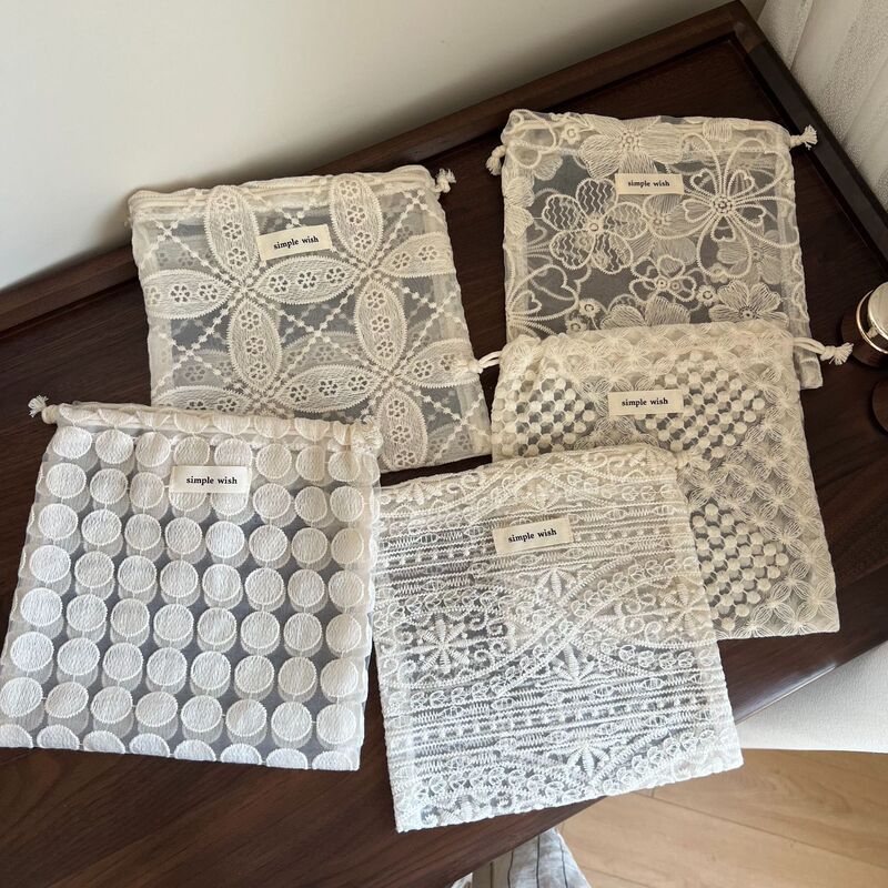【Su Xi Fabric Bag】French-Style Vintage Artistic Lace Cotton Embroidered Drawstring Small Cloth Bag Single-Layer Thin Drawstring Storage Pouch