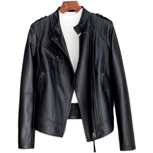 Spring Leather Jacket, Women's Stand Collar Slimming Short Coat, Biker Jacket
