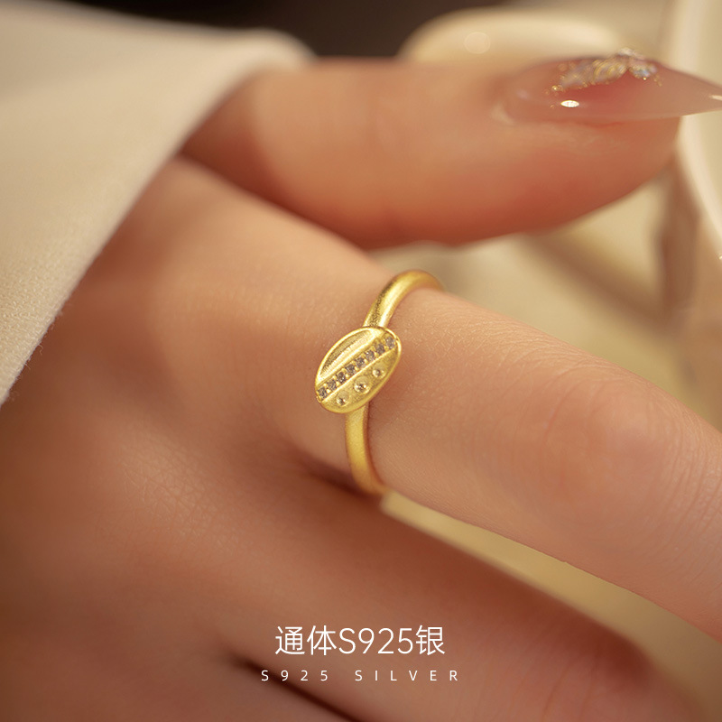 925純銀日式咖啡豆戒指女個性鑲鑽食指戒小眾時尚高級感開口指環