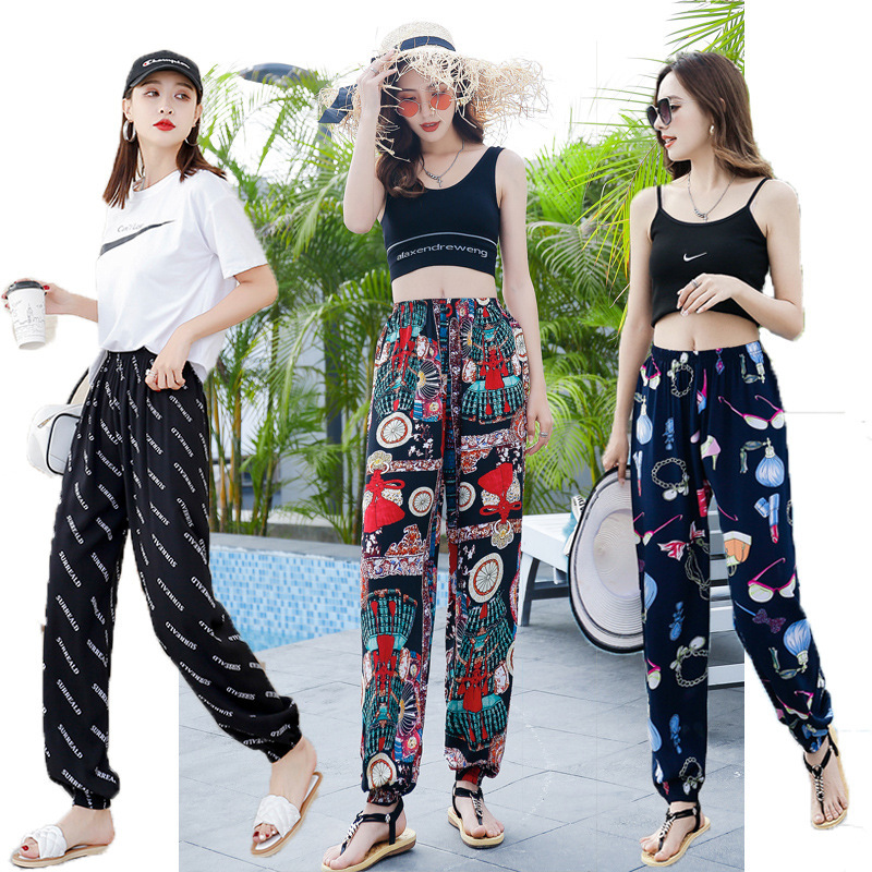 Women's Anti-Mosquito Pants, Cotton Silk Beach Pants, Summer Casual Floral Pants, Artificial Cotton Summer Pajamas, Thin Adult Bloomers Women's Anti-Mosquito Pants, Cotton Silk Beach Pants, Summer Casual Floral Pants, Artificial Cotton Summer Pajamas, Thin Adult Bloomers