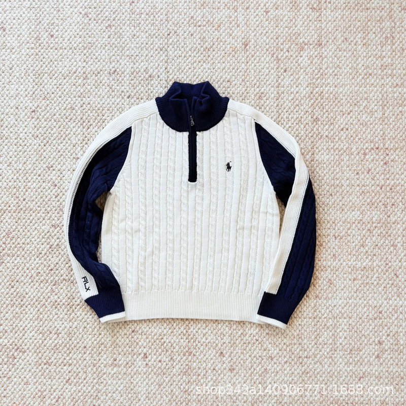 High-quality autumn and winter half-turtleneck color-block cable-knit sweater for women, featuring a small horse logo and a zip-up design, a versatile piece High-quality autumn and winter half-turtleneck color-block cable-knit sweater for women, featuring a small horse logo and a zip-up design, a versatile piece