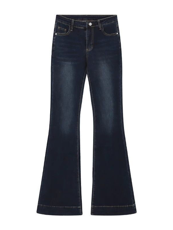 Women's Dark Blue Extra Long Flared Jeans Low Waisted Slim Fit_voghion.com
