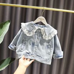 女童牛仔外套春秋装新款儿童韩版春装女宝宝宽松洋气蕾丝上衣耐用