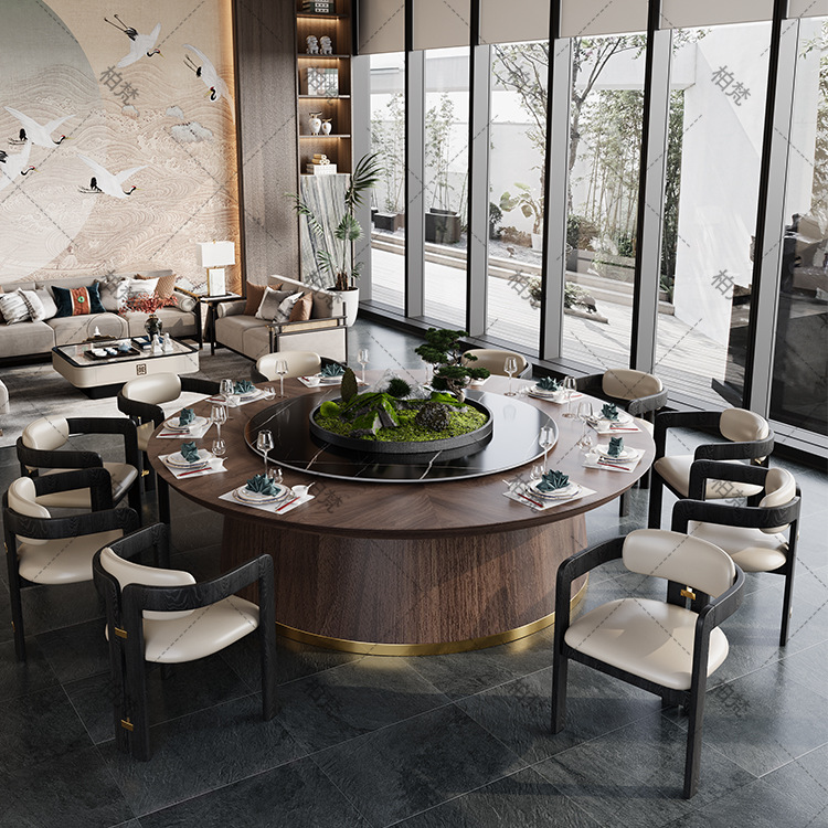 Nueva habitación privada de estilo chino con mesa giratoria eléctrica de losa de piedra, mesa redonda grande de madera maciza de 1.8 m para 24 personas, juego de mesa y sillas de comedor para hotel.