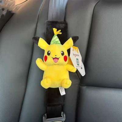 Authentic Pokémon Pikachu plush toy car seatbelt shoulder pad, cute interior decoration for car seatbelt (Seat belt shoulder pad) - pikachu-happy-hat-safety-belt