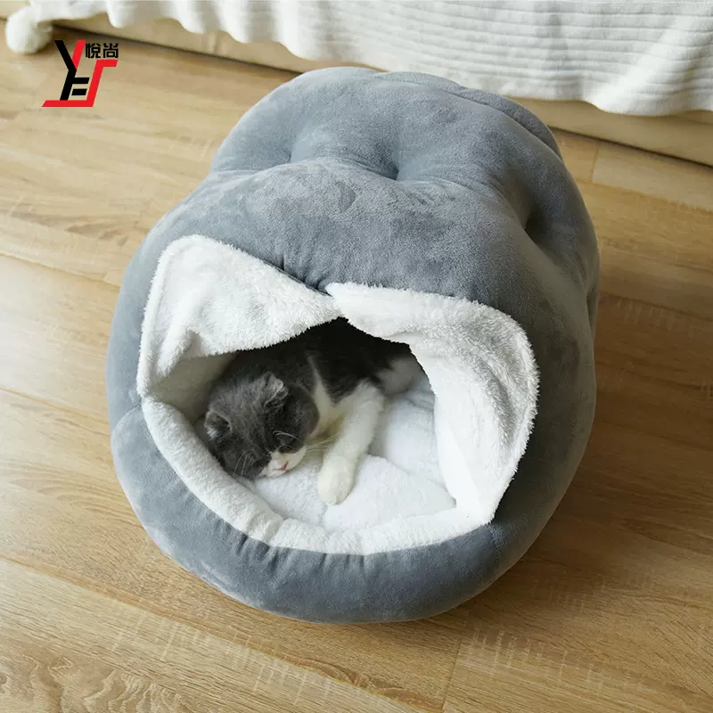 悦尚Woolly新款PV绒蒙古包带门帘毛绒舒适半封闭式宠物猫狗窝用品