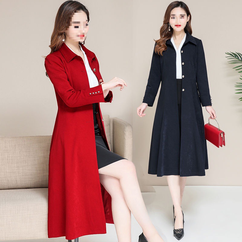 中老年风衣女士中长款小个子春秋外套阔太太红色过膝妈妈秋装