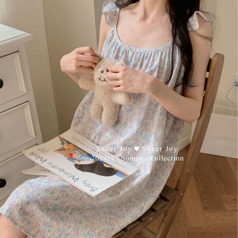 Summer Korean Style Fresh Cotton Double Gauze Flying Sleeve Small Sling Comfortable Nightdress Evening Purple Summer Korean Style Fresh Cotton Double Gauze Flying Sleeve Small Sling Comfortable Nightdress Evening Purple