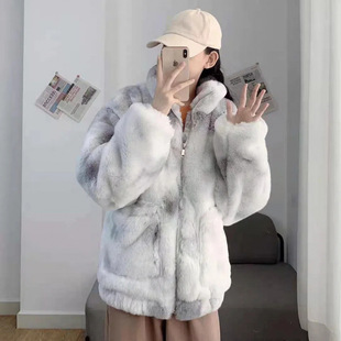 (Arctic Velvet) Fur Coat Winter Loose Tie-Dye Stand Collar Rex Rabbit Fur Young Style Faux Leather Coat Lazy Style