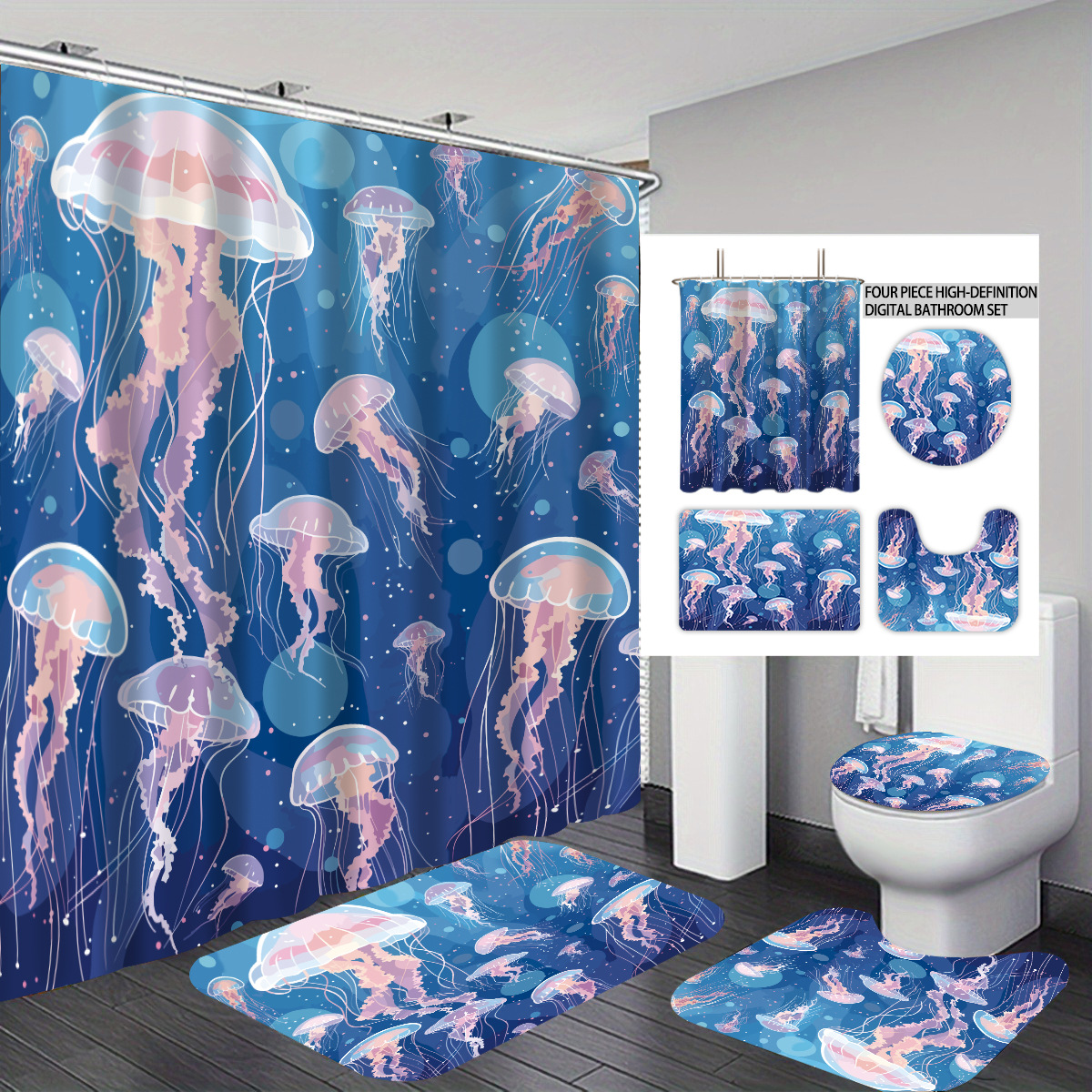 Temu cortina de baño impermeable personalizada serie de elementos marinos 3D impresión poliéster cortina de baño de cuatro piezas fábrica image 31