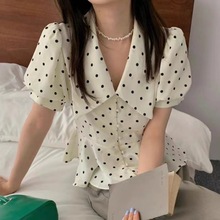 韩国chic夏季法式复古翻领撞色波点拼接荷叶边收腰泡泡袖衬衫上衣