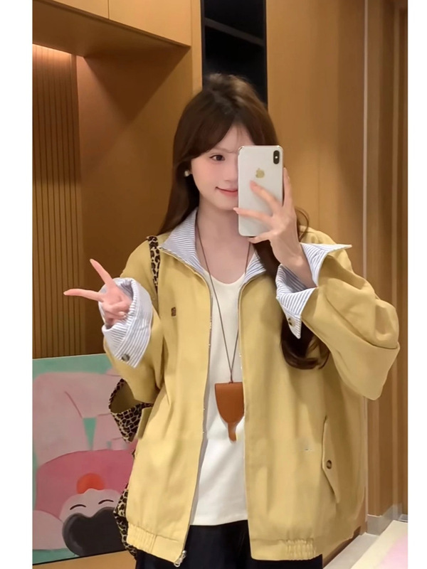 黄色两面穿外套女春秋新款宽松显瘦小个子翻领棒球服工装百搭夹克|undefined