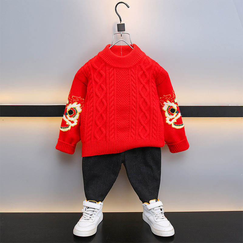 男童毛衣拜年服2023新款儿童宝宝内搭打底针织衫男孩冬装红色上衣