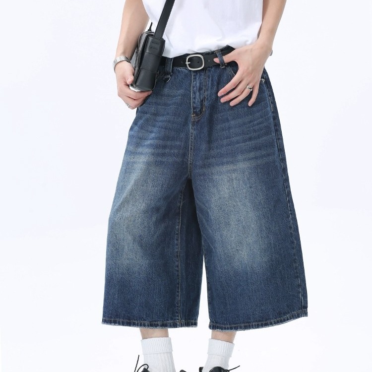 Summer Niche All-match American Style Retro Old Blue Denim Shorts Men's Loose Straight Wide Leg Cropped Pants Draped