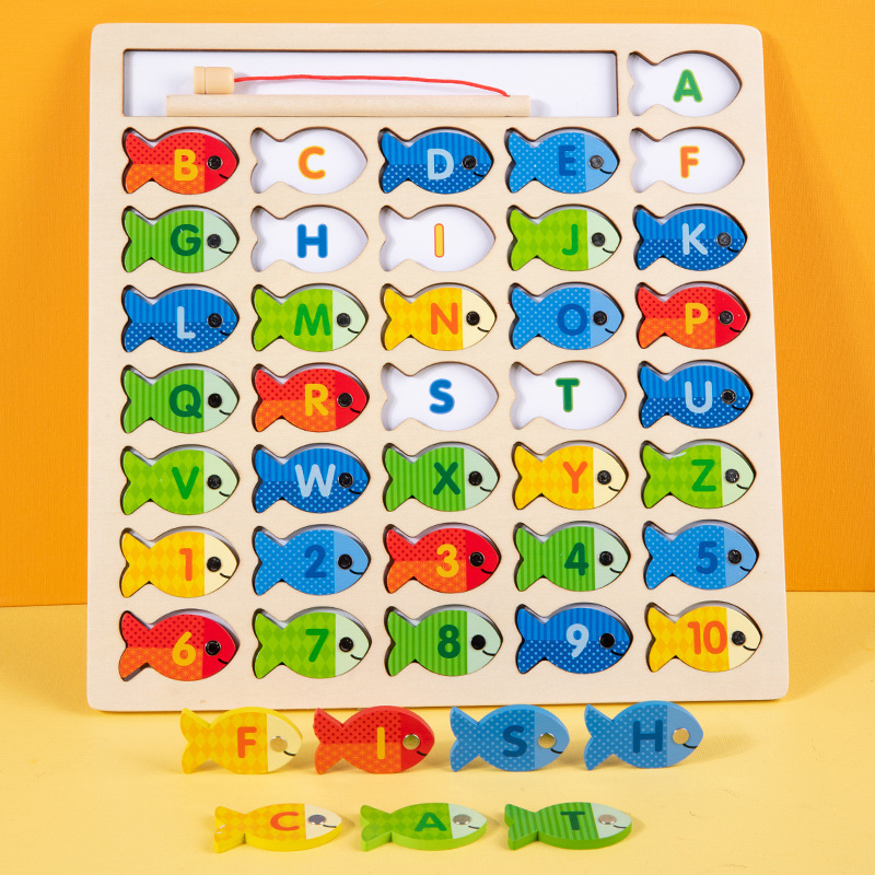 木製アルファベット数字釣りボード釣りゲーム子供形状ペア早教知育玩具木製|undefined