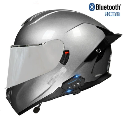 electric car helmet, Motosiklet kaskı (dəbilqə) - silver-silver-mirror-bluetooth-m