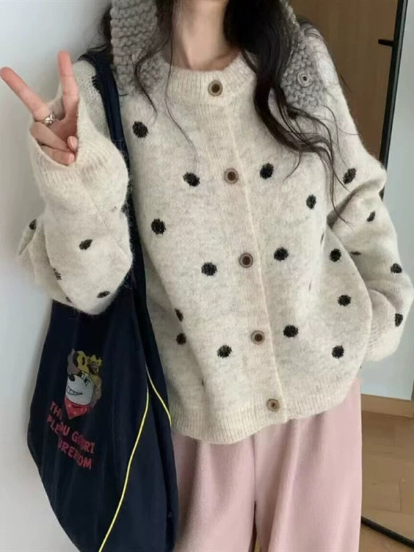 波点针织开衫毛衣女2025新款秋冬宽松休闲慵懒风针织衫外套女上衣|undefined