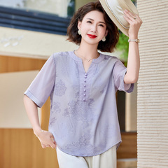 2025 夏ママカジュアルスタイル花柄 Tシャツ中高年新中国風五分袖薄手トップス