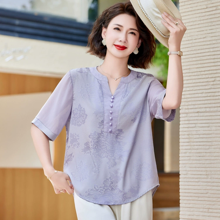 Летняя футболка для мам 2025 года, повседневная и стильная, с цветочным принтом, для женщин среднего и пожилого возраста, новый китайский стиль, три четверти рукава, тонкий топ