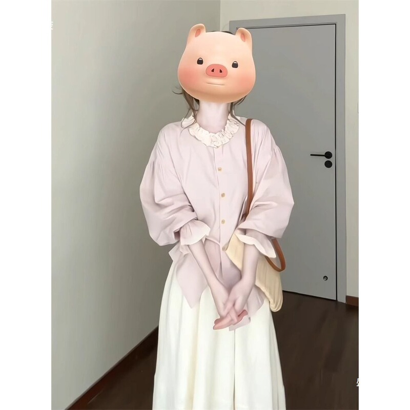 温柔风木耳边喇叭袖宽松衬衫上衣女早春高腰蕾丝边半身长裙两件套|undefined