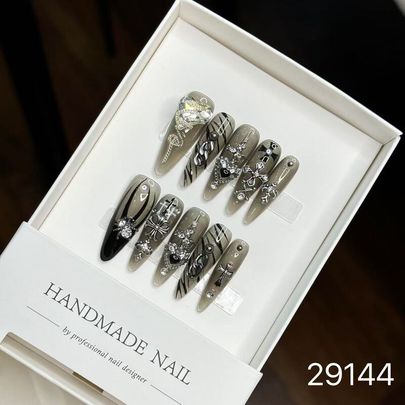 【純手作りのつけ爪29-32】ロングフレンチキャットアイパッチ付け爪、取り外し可能なネイルアートコレクション|undefined