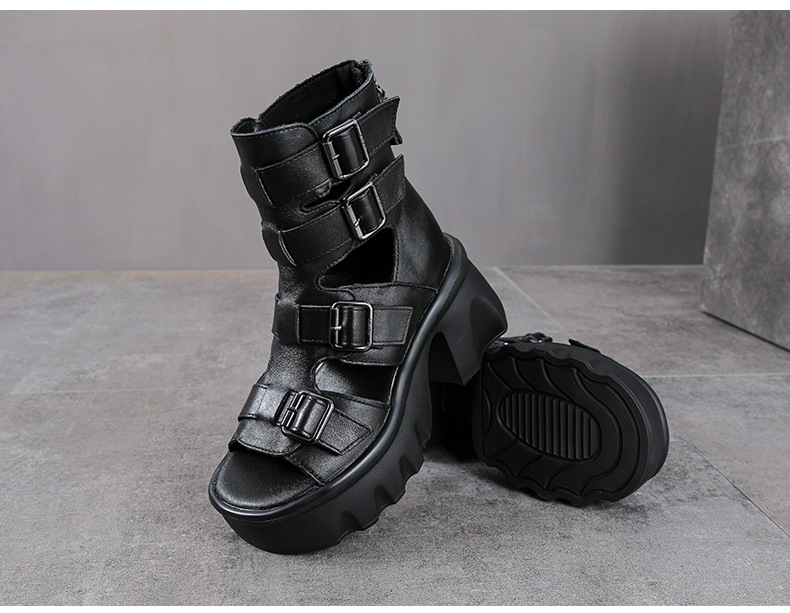 Sandal hở mũi nữ da bò cao gót 9 cm quai khóa xỏ ngón — màu đen chi tiết 11