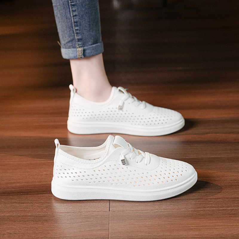 Summer White Shoes for Women 2026 New Style Soft-Soled Comfortable Hollow Breathable Women's Shoes Flat-Soled Breathable Casual Sneakers