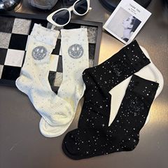 2024 Spring New Heavy Industry Accessory Socks for Women with Diamonds, Personality Trendy Socks, Niche Smiling Diamond-Studded Thin Cuff Socks Trend
