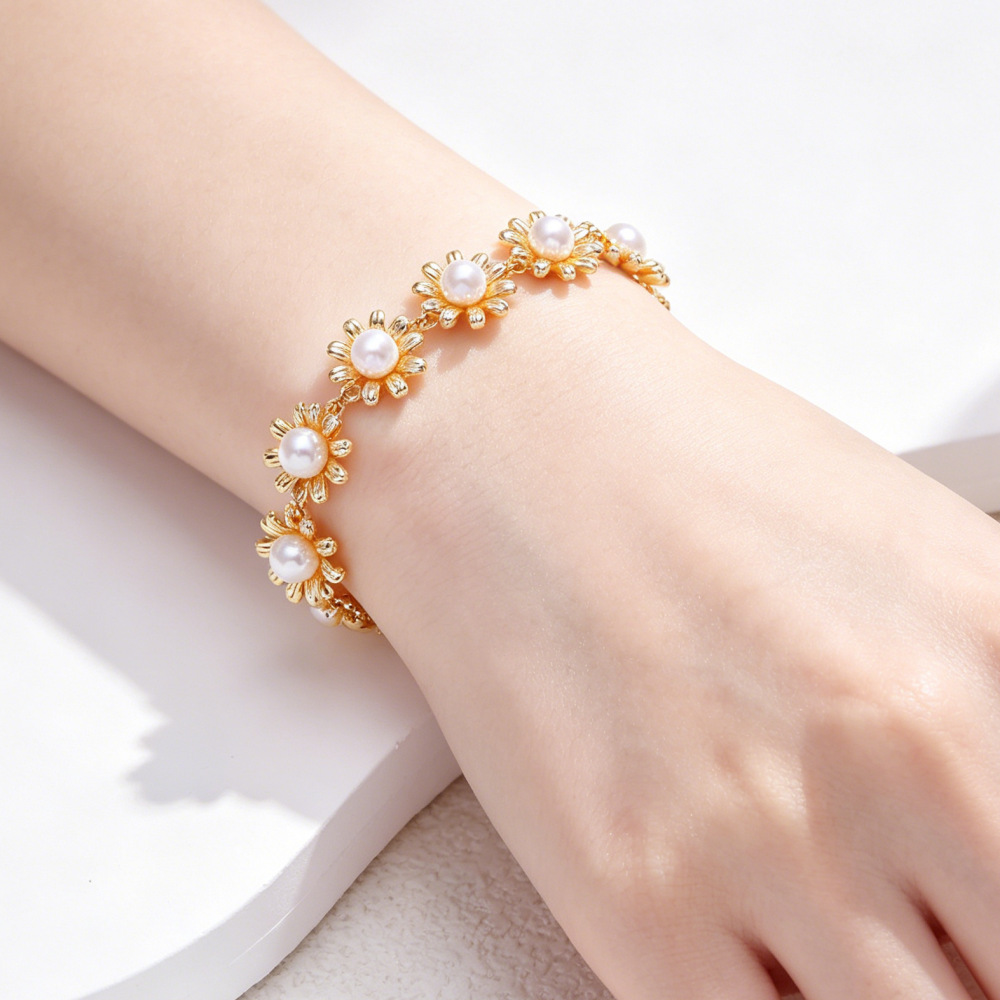 Pulsera de cobre puro lujosa y a la moda para mujer con diseño geométrico de flor de girasol y perlas, única y sencilla._voghion.com