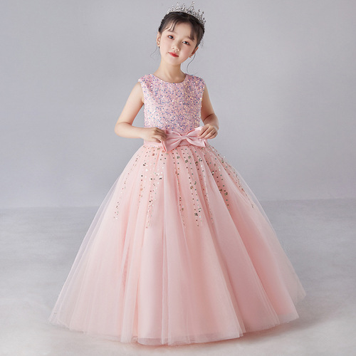 Girls dress sleeveless long sequined bow dress tutu skirt princess dress performance dress evening dress