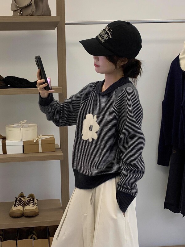 韩系chic复古条纹翻领针织衫女2025新款秋季巨好看慵懒风软糯上衣|undefined