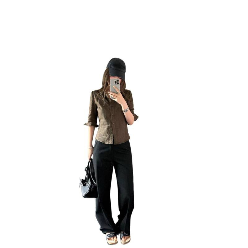 棉麻中袖衬衫女夏季新款天然褶皱感衬衣收腰上衣象牙白|undefined