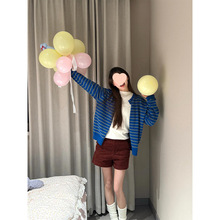 设计感美式复古辣妹风撞色条纹针织开衫女2025春季单排扣宽松上衣