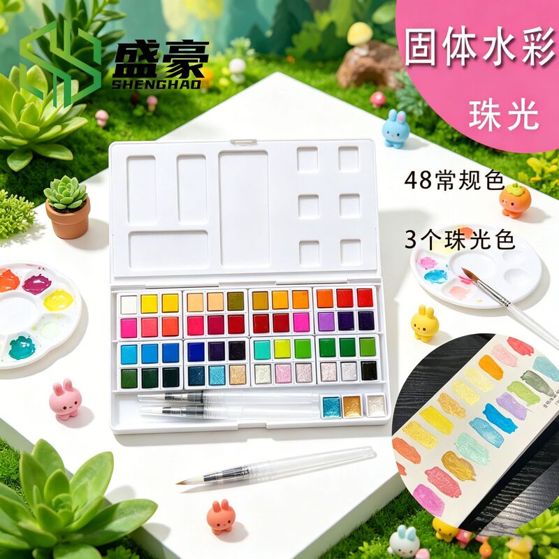 Art Solid Watercolor Pigment Pearlescent 36 Colors 51 Colors Painting Set Manicure Hand Painting Brush Tool Iron Box