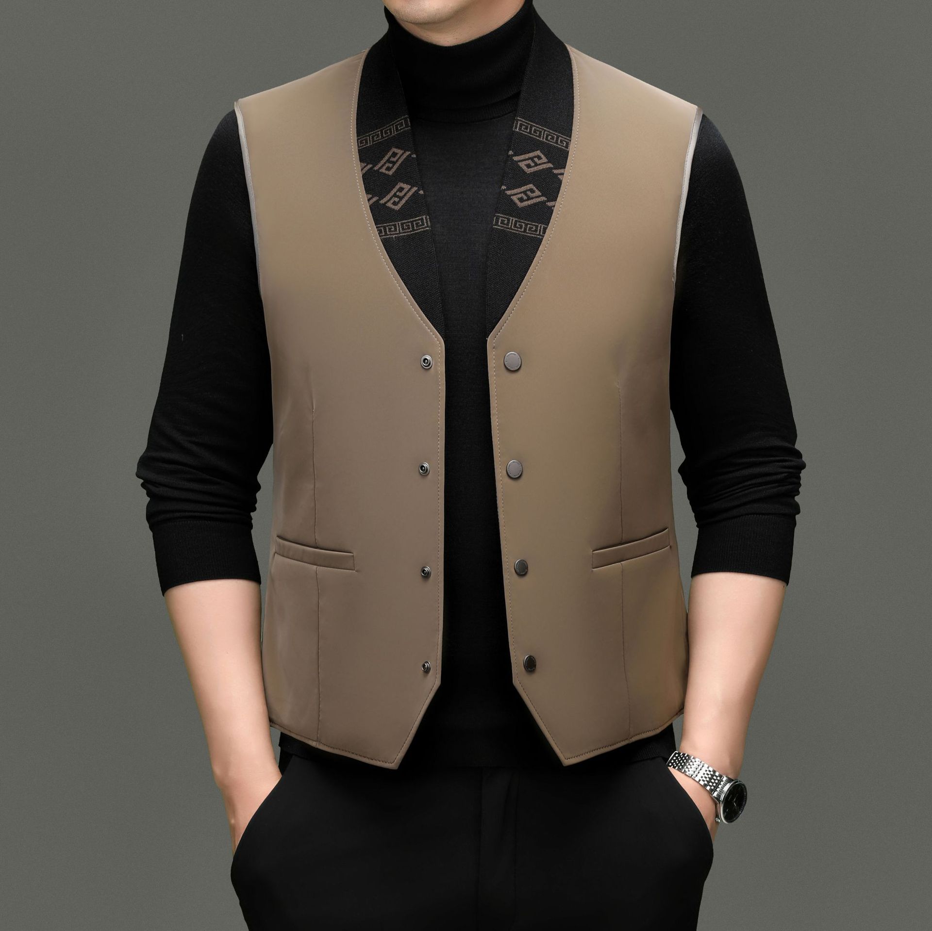 Luxury Men's Down V-Neck Cardigan Vest for Autumn and Winter, Trendy Business Style