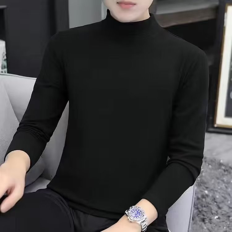 양털 반 높이 칼라 긴팔 티셔츠 남성용 가을과 겨울 슬림핏 솔리드 컬러 유행 의류 따뜻한 베이스 셔츠 남성용 패션