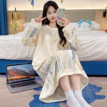 秋冬季卡通长袖圆领保暖加绒加厚法兰绒中长裙睡衣女冬天睡裙女