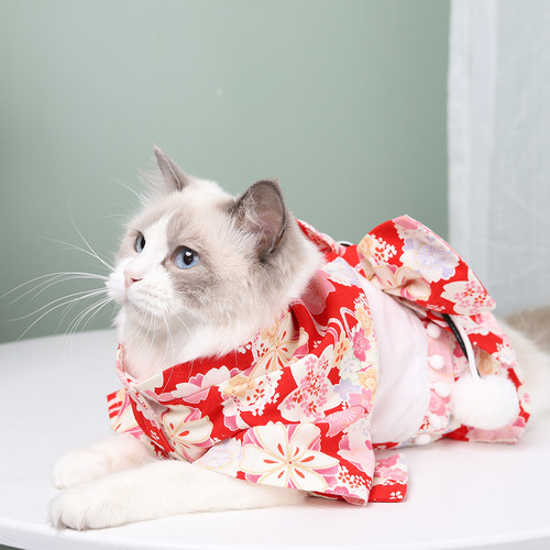 Japanese-style pet cat kimono and small dog kimono autumn and winter warm Hanfu skirt pet supplies