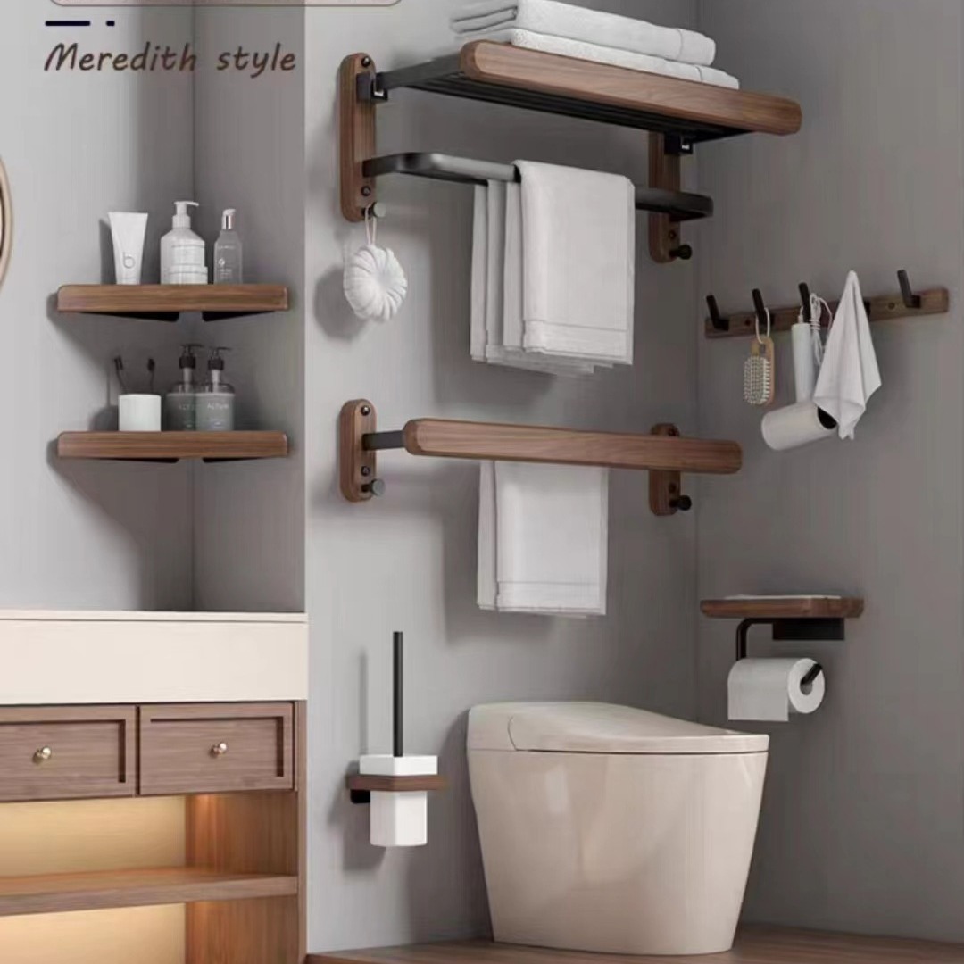 Trendy Bathroom Shelf Walnut No-Drill Towel Rack Bathroom Toilet Towel Rack Wall-Mounted Wash Rack
